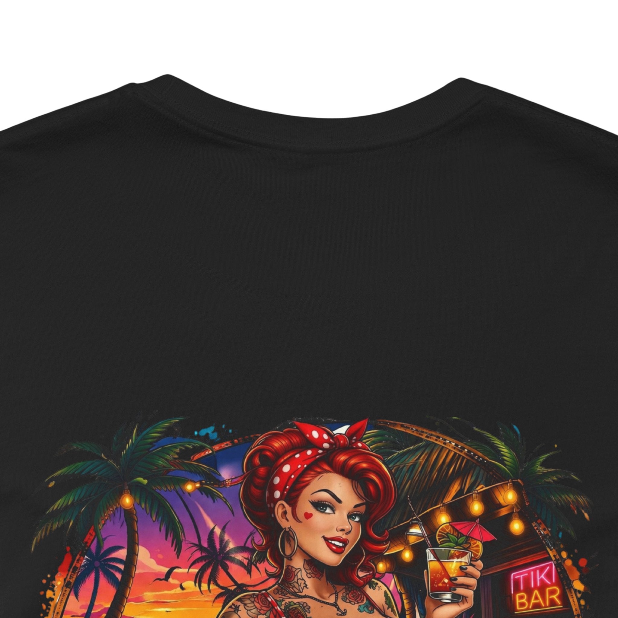 Beach Pinup T‑Shirt — "Less Thinkin', More Drinkin'" Retro Tropical Tee