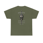 Olive green T-shirt with skull and sword design and honor strength courage text on back