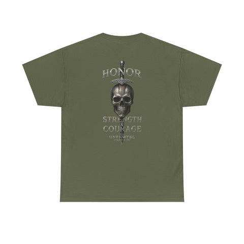 Olive green T-shirt with skull and sword design and honor strength courage text on back