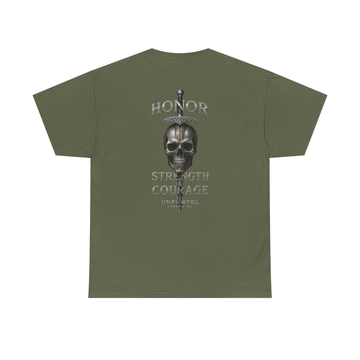 Olive green T-shirt with skull and sword design and honor strength courage text on back