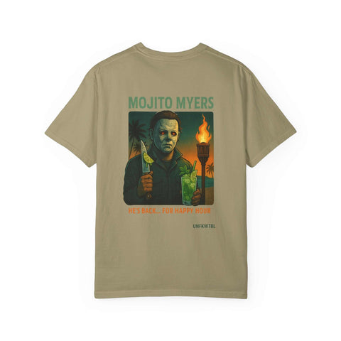 Unisex beige t-shirt with killer cocktails design featuring Michael Myers holding a mojito and cocktail torch graphic