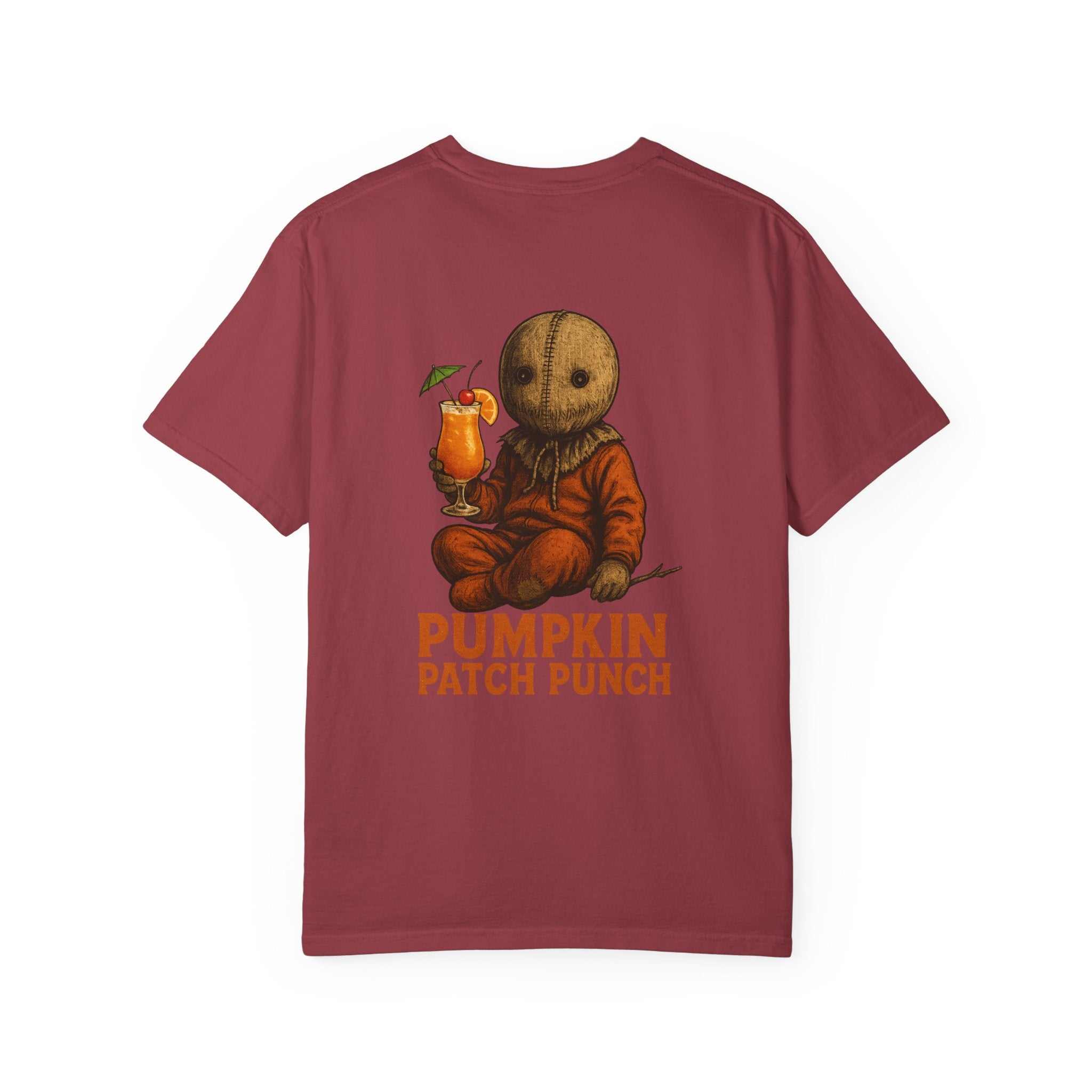 Unisex spooky pumpkin punch t-shirt with vintage Halloween graphic and fall festival design on maroon fabric
