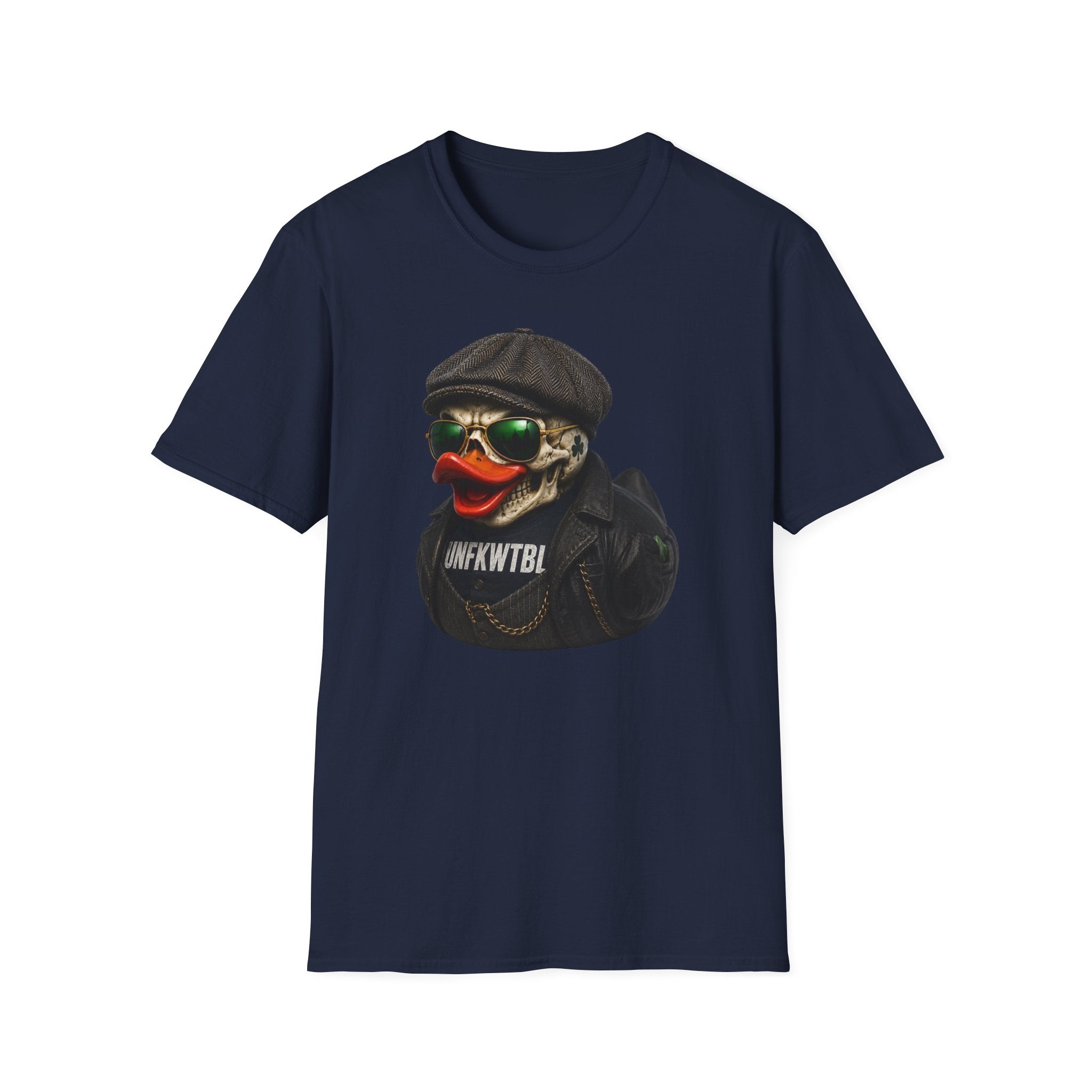 Skull Duck Graphic T-Shirt — Retro Biker Hat & Aviator Sunglasses Design