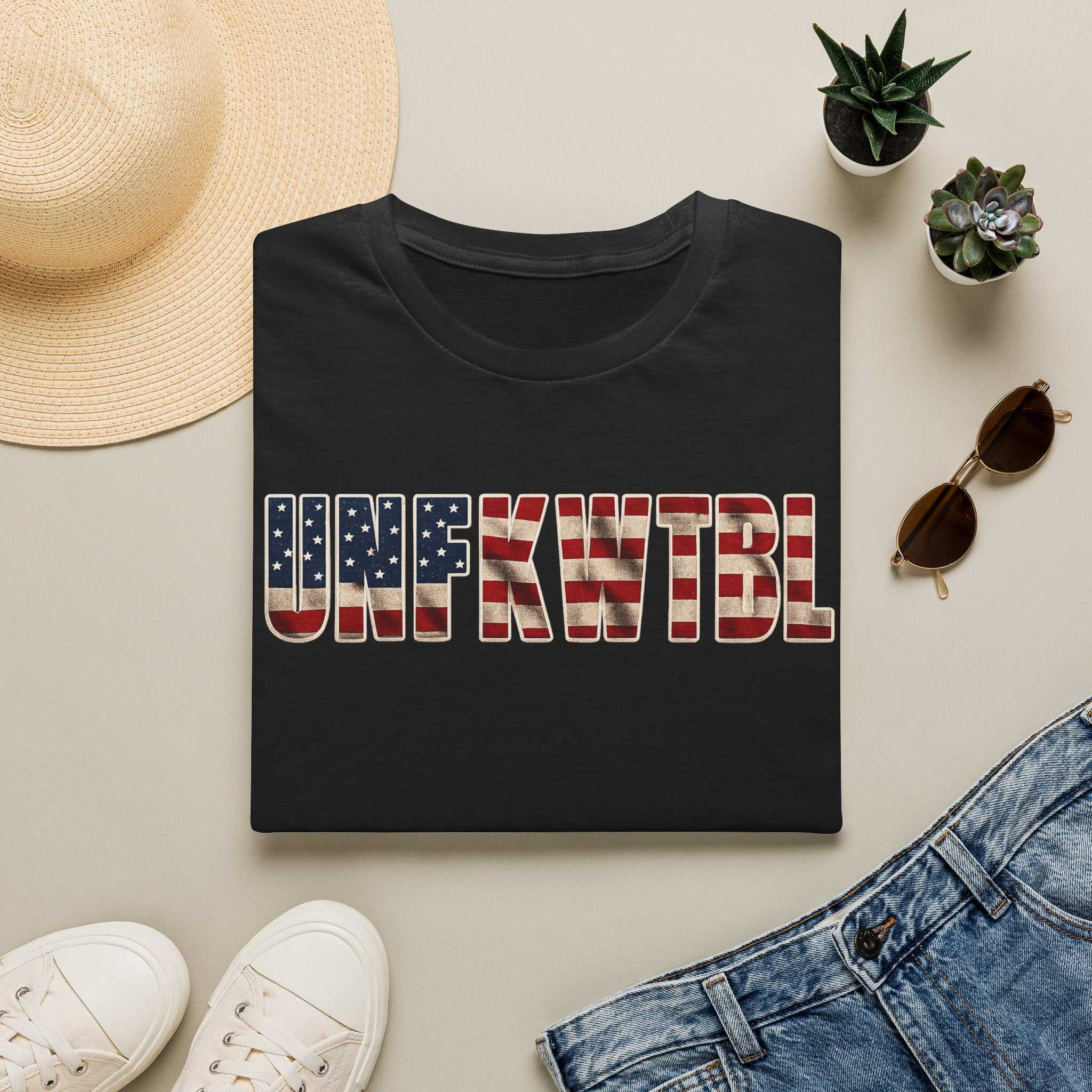Unfkwtbl Graphic Tee — Bold American Flag Lettering T-Shirt