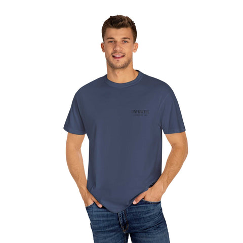 Unisex navy blue Chucky Cocktail T-shirt with relaxed fit, made of 100% US cotton and double-needle stitching for durability