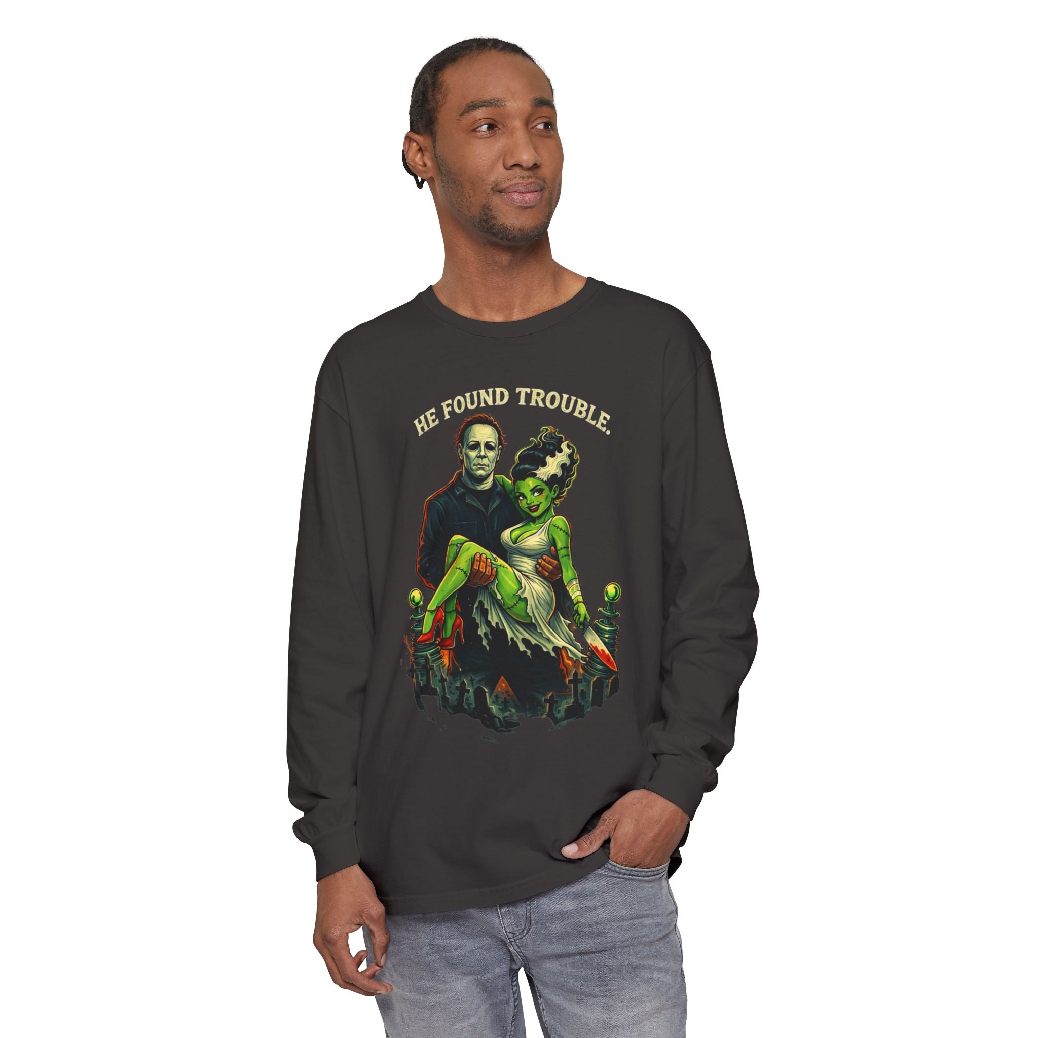 He Found Trouble Long Sleeve T‑Shirt — Retro Frankenstein & Bride Graphic