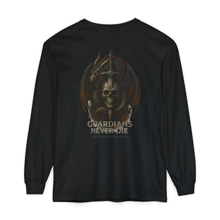 Black long sleeve t-shirt with guardian skull, dragon, and Celtic sword graphic design