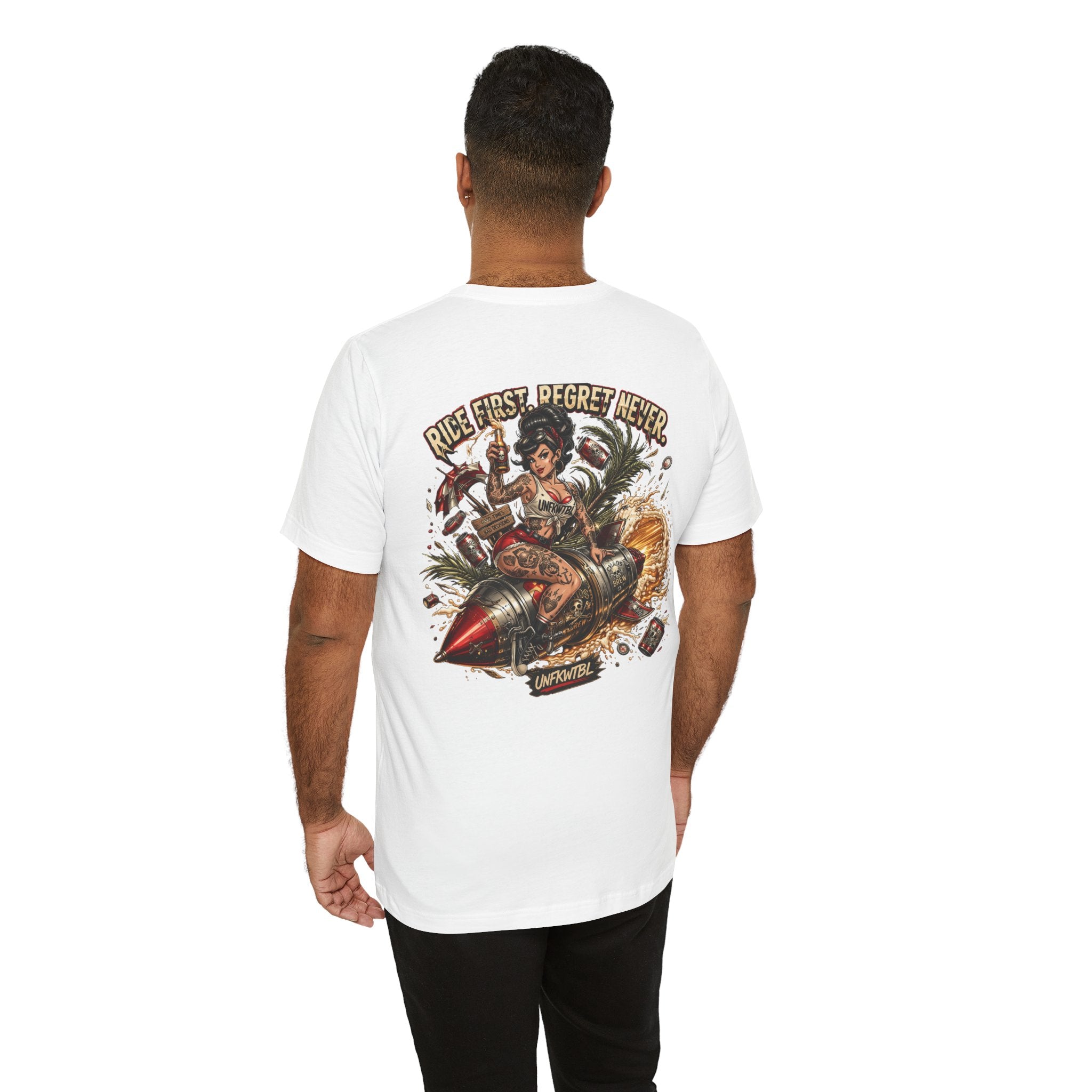 Ride First Regret Never Tee — Vintage Pinup Bomb Girl Motorcycle Graphic Shirt