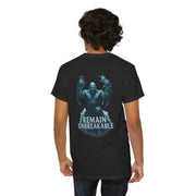 Black motivational t shirt with muscular man breaking chains and "Remain Unbreakable" text on back
