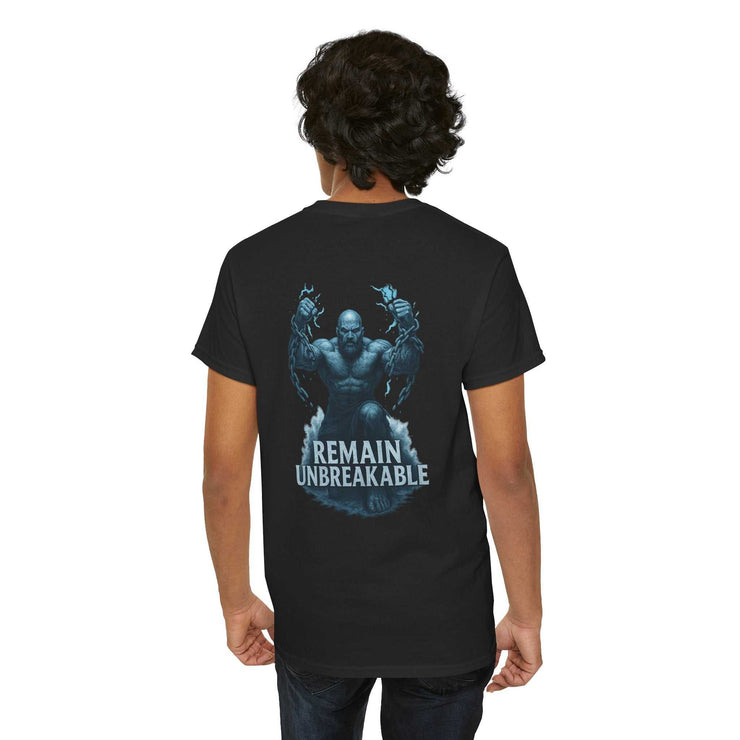 Black motivational t shirt with muscular man breaking chains and "Remain Unbreakable" text on back