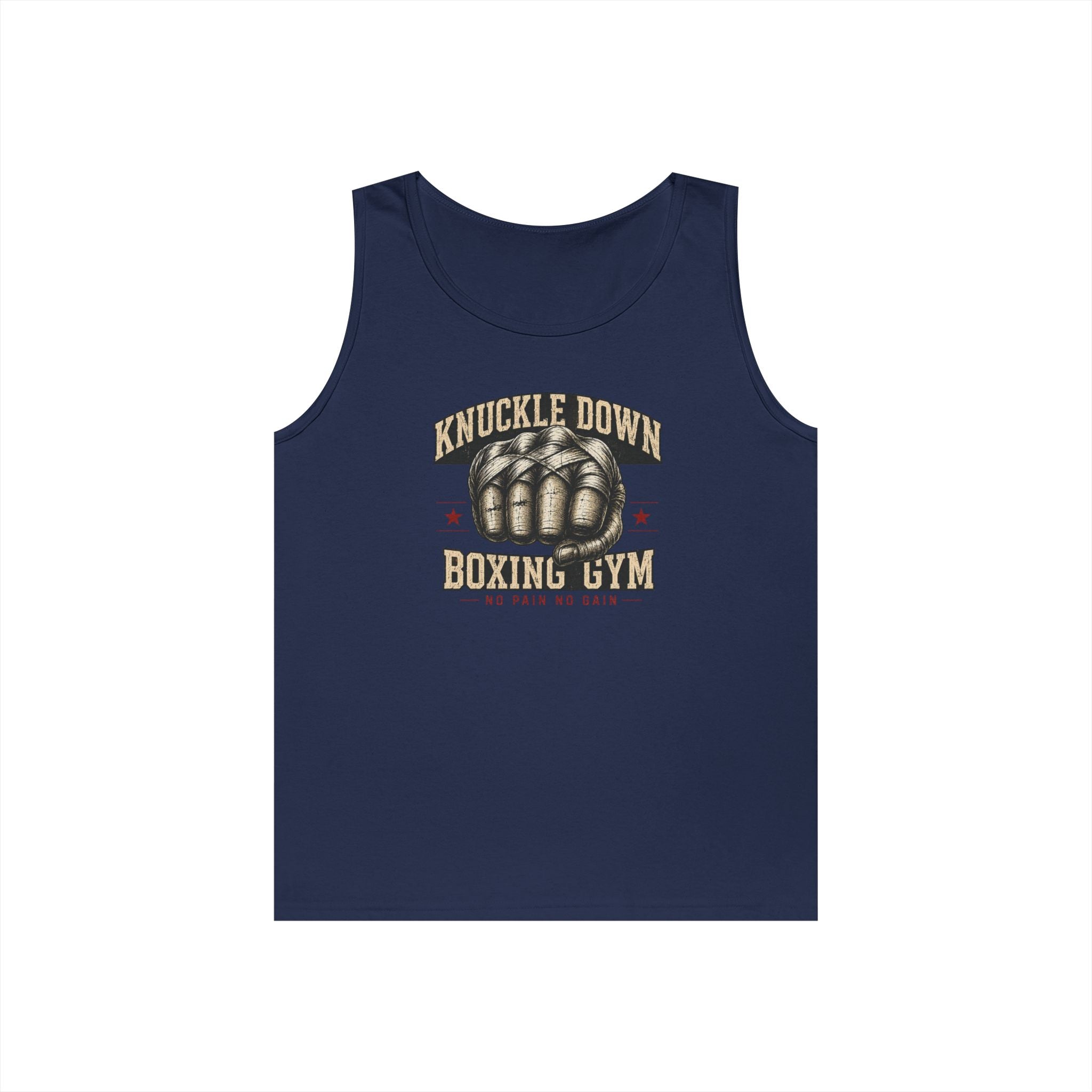 Knuckle Down Boxing Gym vintage white tank top with worn-metal knuckle-duster design