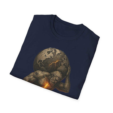 Atlas Strength Unisex Softstyle T-Shirt with bold graphic of Atlas carrying cracked Earth design on navy blue fabric