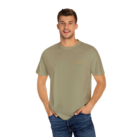 Medusa Beauty unisex olive green T-shirt with subtle strawberry daiquiri design, crew neck and relaxed fit