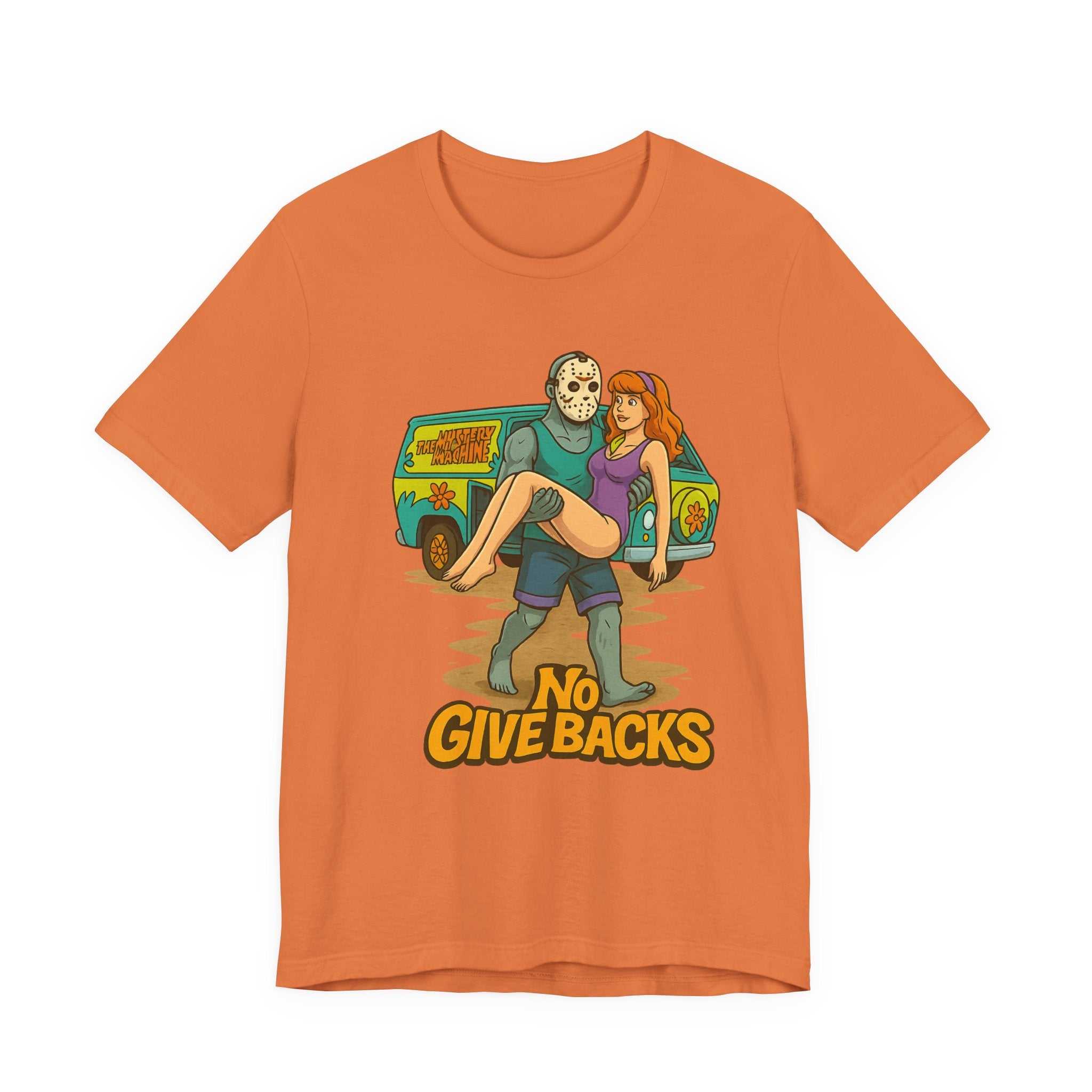 Horror Mashup Tee with retro Jason and Daphne graphic and "No Give Backs" slogan on lightweight cotton shirt