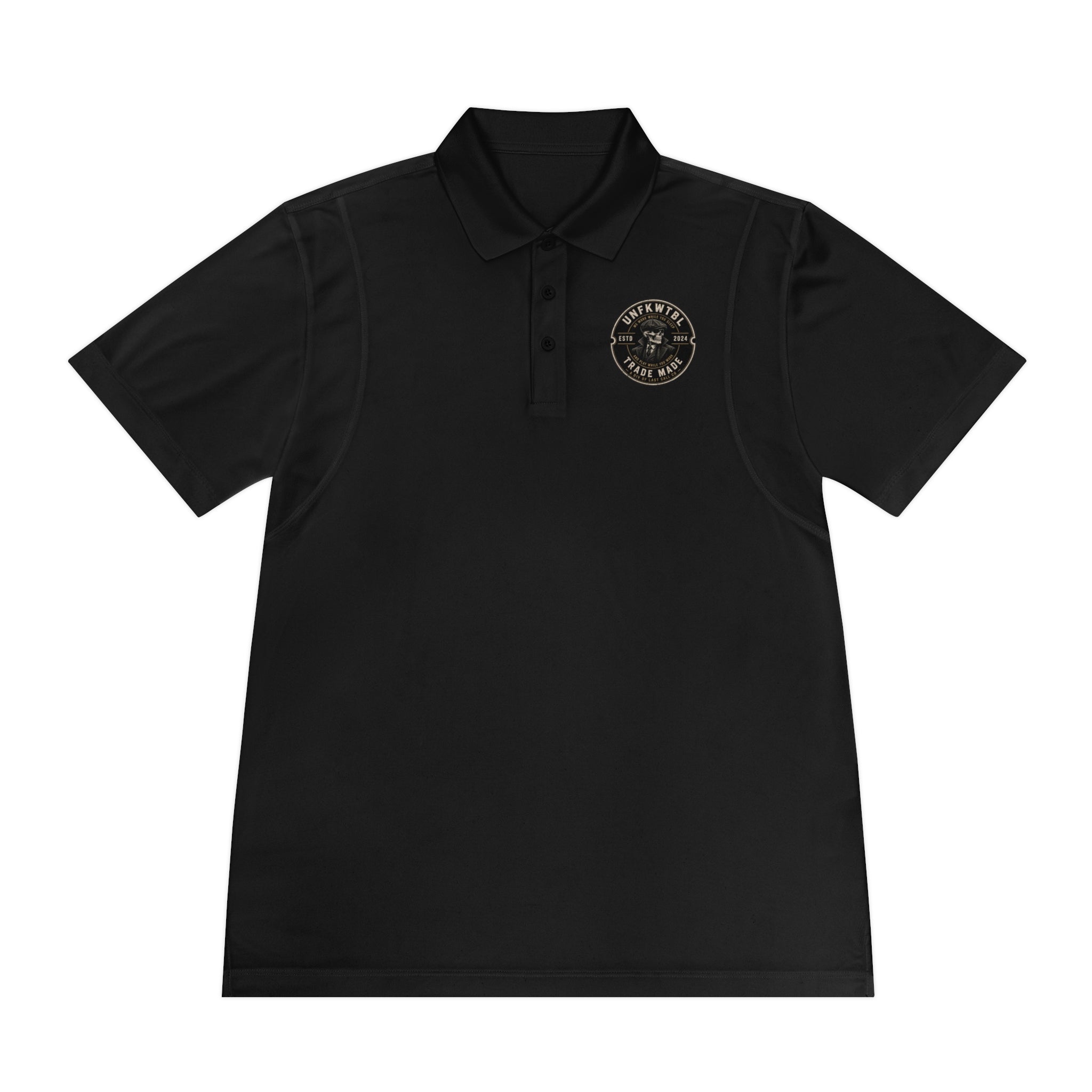 Men's athletic polo shirt with embroidered vintage motorcycle logo and Black Ops tactical patch