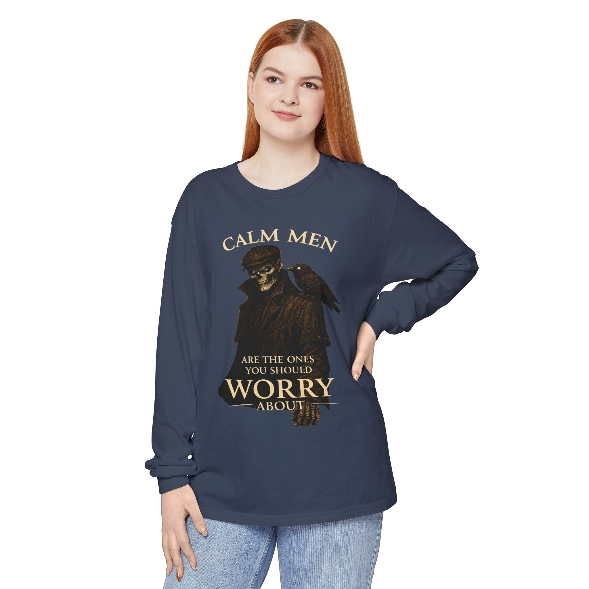 Calm Men Skull Raven Long Sleeve T-Shirt — "Calm Men Are The Ones You Should Worry About"