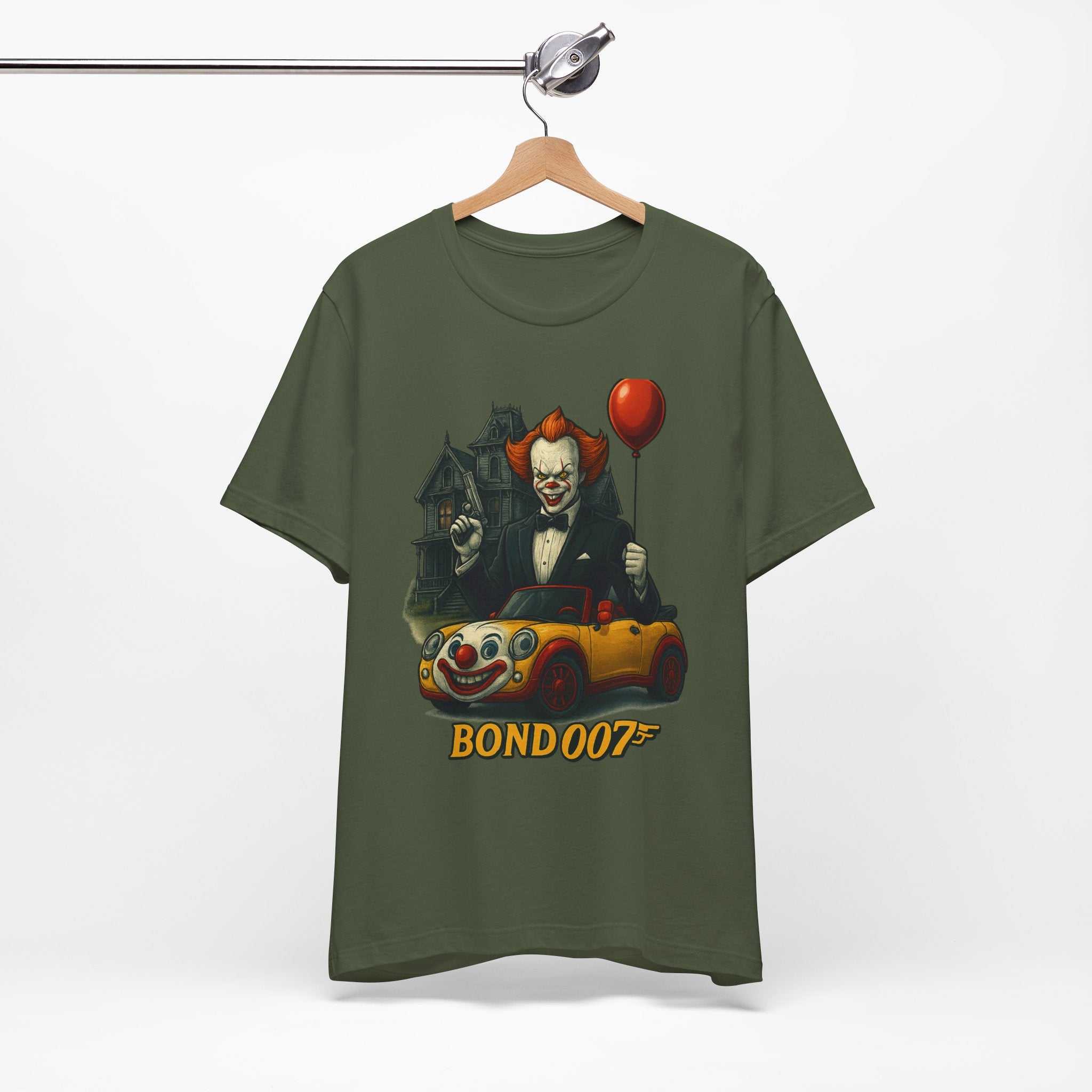 Clown Spy Thriller Tee — "Bond 007" Horror Car Balloon Graphic T-Shirt