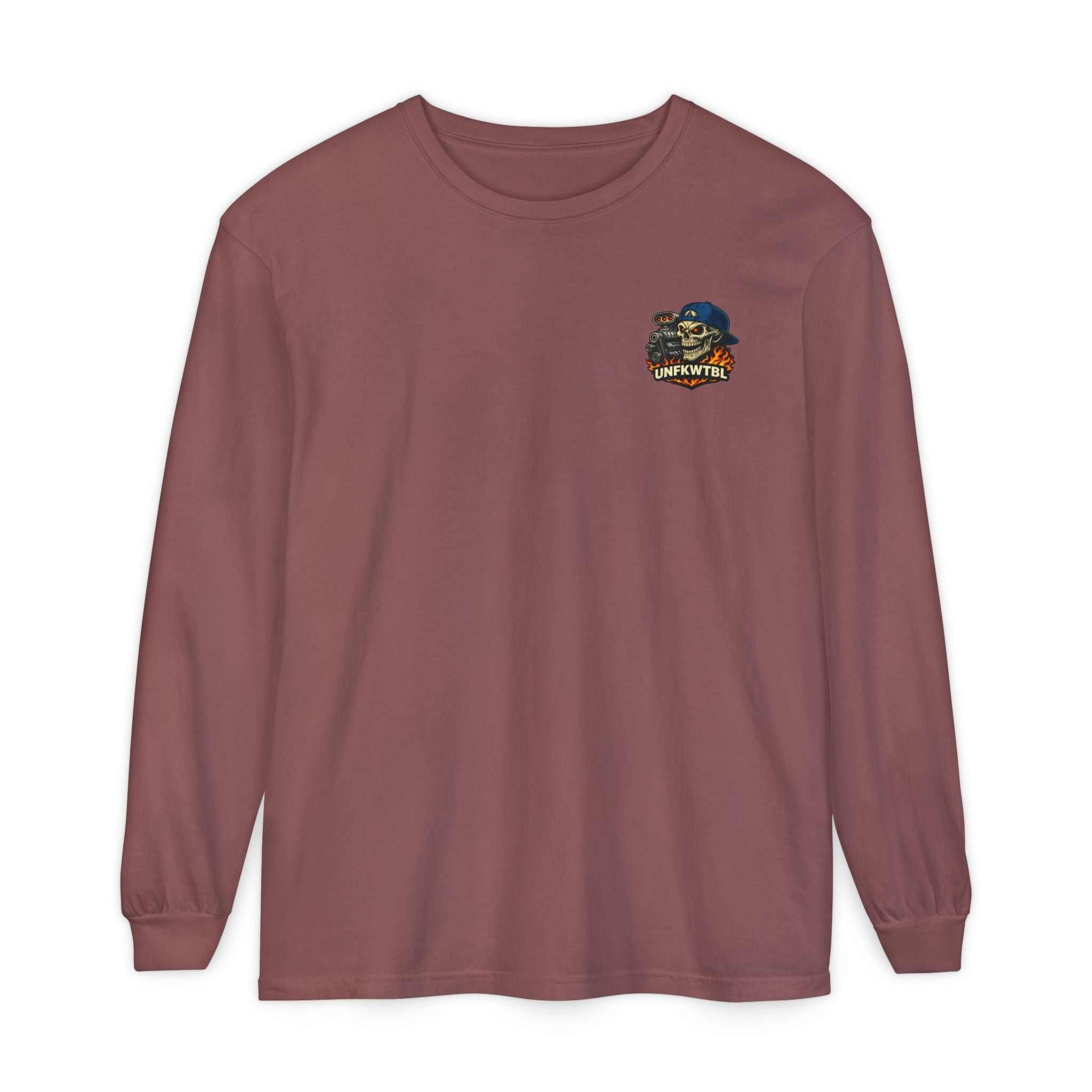 Still Burnin' Rubber Long Sleeve Tee — Retro Skull Muscle Car Graphic
