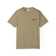 Beige unisex T-shirt with small UNFKWTBL logo, made of soft 100% cotton, featuring relaxed fit and durable double-needle stitching.