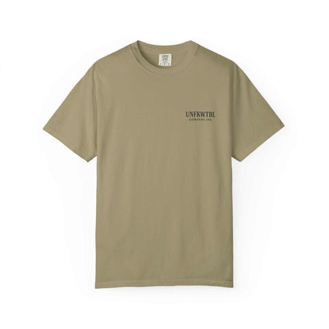 Beige unisex T-shirt with small UNFKWTBL logo, made of soft 100% cotton, featuring relaxed fit and durable double-needle stitching.