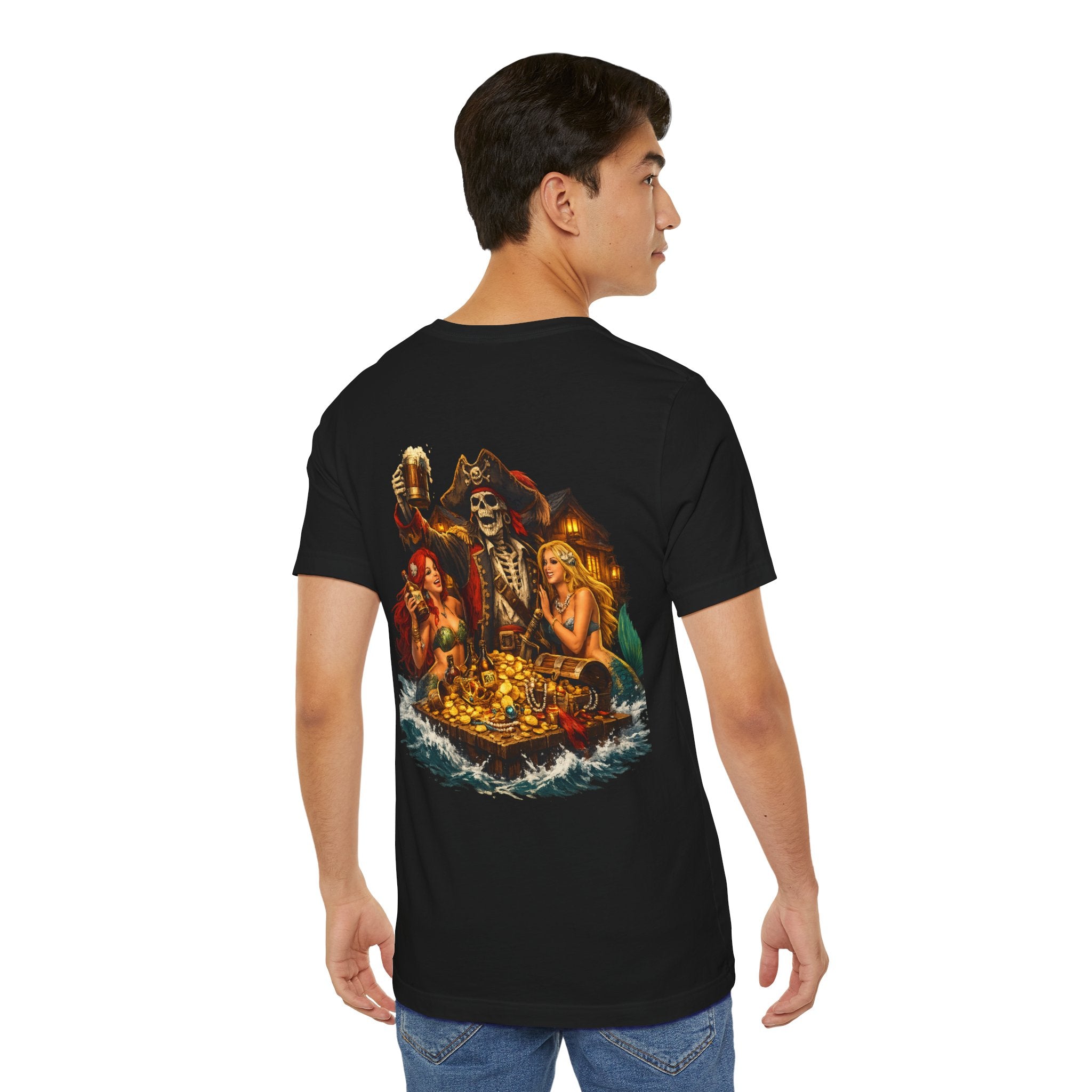Pirate Skull Treasure Tee — Skeleton Captain, Mermaids & Gold Chest Graphic T-Shirt