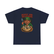 Black t-shirt with leprechaun horror graphic holding spoon over skull cereal bowl and "Deadly and Delicious" text