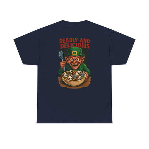 Black t-shirt with leprechaun horror graphic holding spoon over skull cereal bowl and "Deadly and Delicious" text