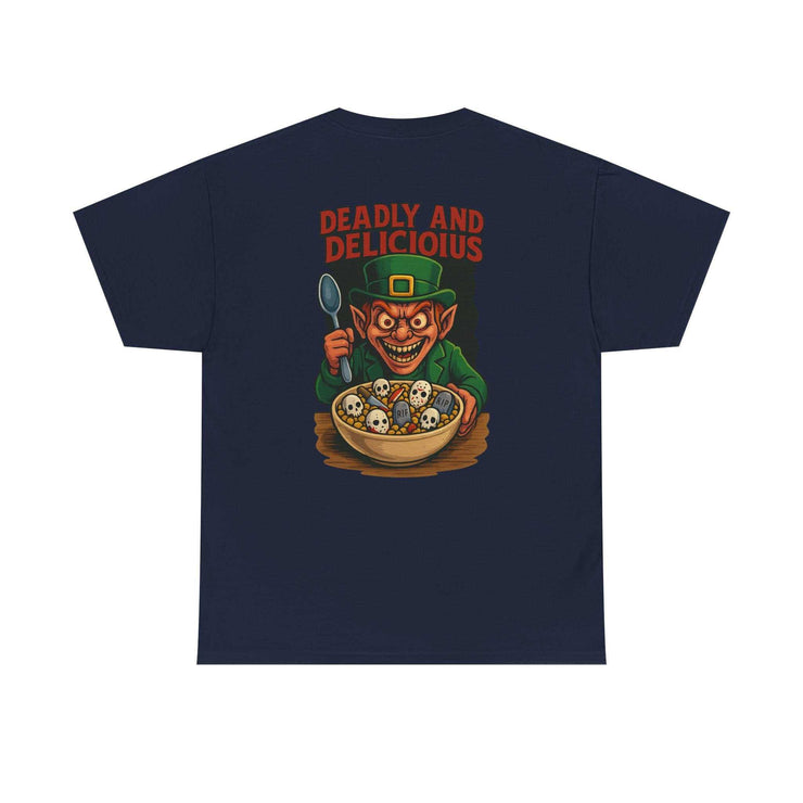 Black t-shirt with leprechaun horror graphic holding spoon over skull cereal bowl and "Deadly and Delicious" text