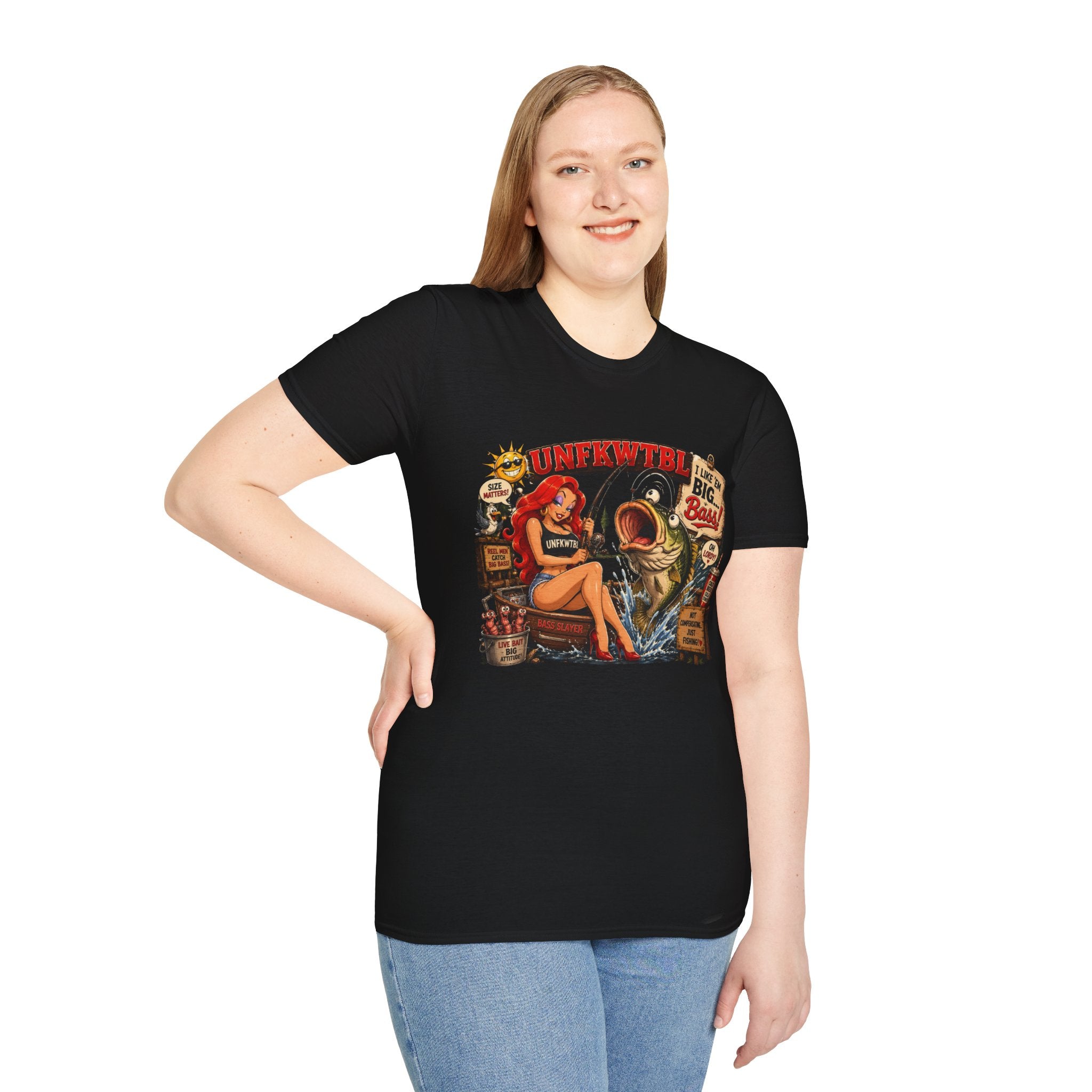 Fishing Pin-Up T-Shirt — "I Like 'Em Big, Baby" Retro Bass Graphic