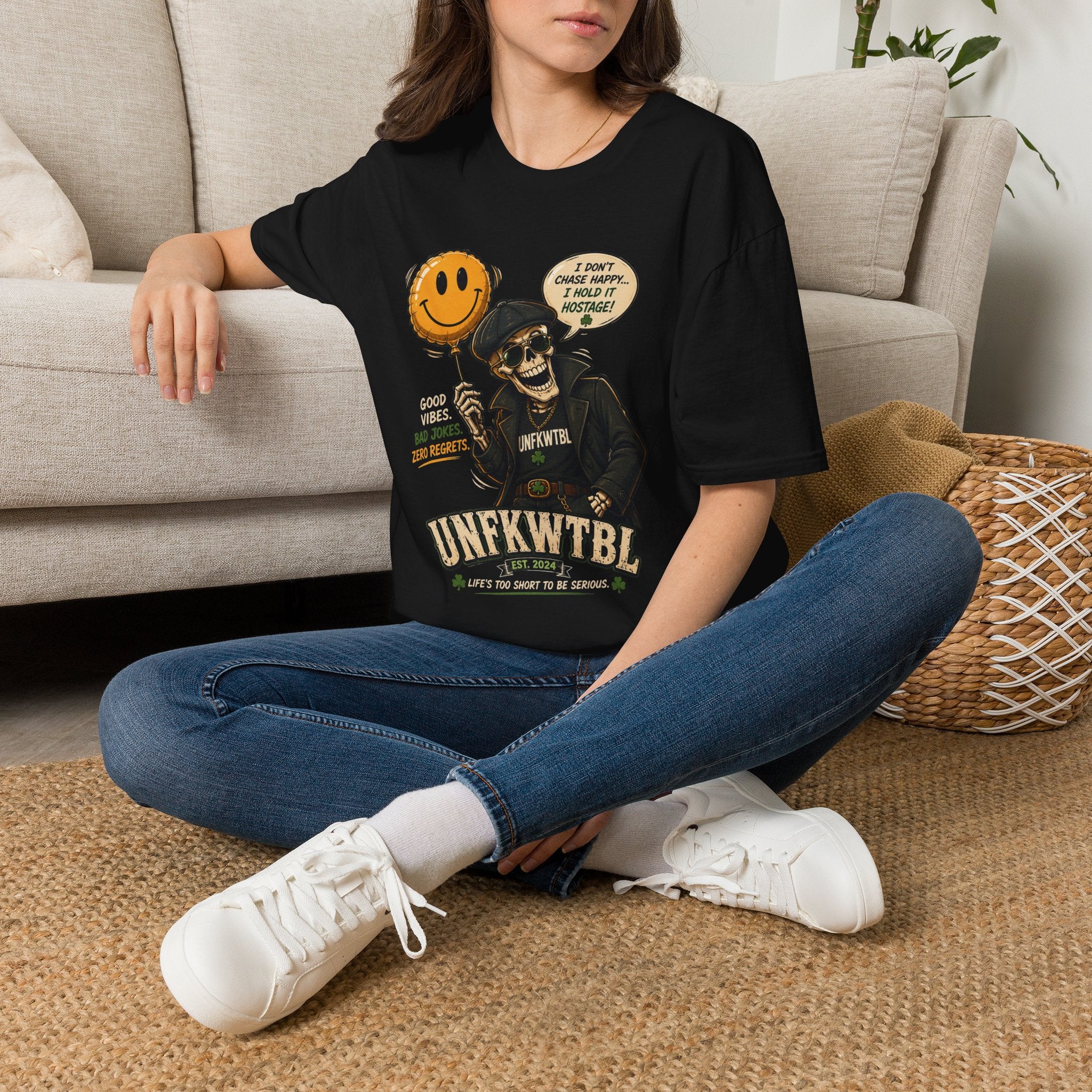 Skull with Smiley Balloon T-Shirt — “I Don’t Chase Happy… I Hold It Hostage” Graphic Tee