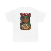 White T-shirt featuring a sinister leprechaun with skull cereal bowl and "Deadly and Delicious" text, Leprechaun Horror theme