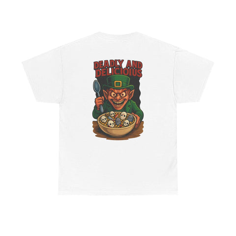 White T-shirt featuring a sinister leprechaun with skull cereal bowl and "Deadly and Delicious" text, Leprechaun Horror theme