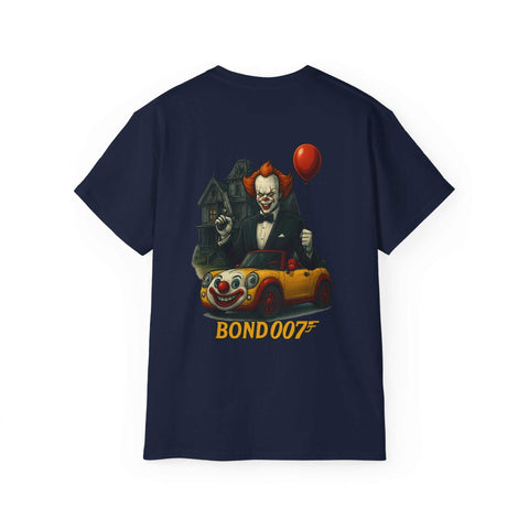 Navy tee featuring Pennywise Clown with red balloon and clown car, Bond 007 theme, unisex cotton shirt