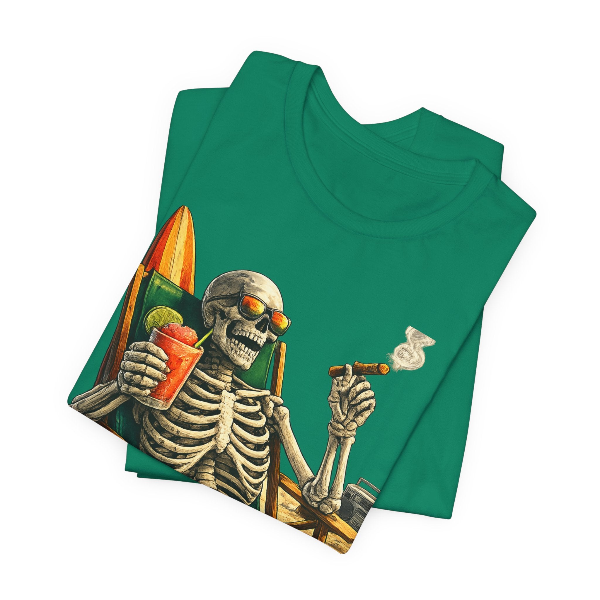 Skeleton Beach Tee — "On Island Time" Tropical Skull Vacation T-Shirt
