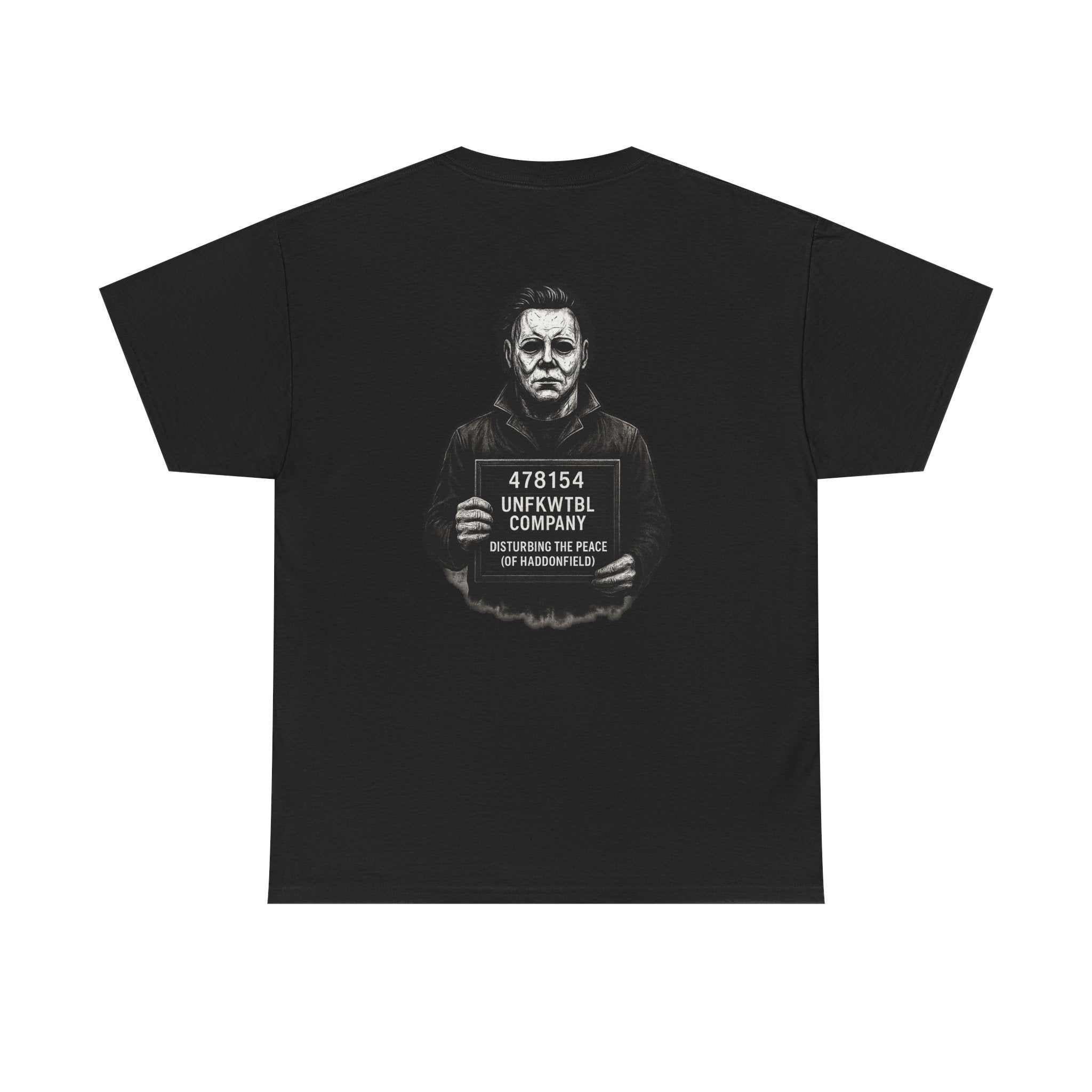 Michael Myers Unisex Tee with criminal photo print on black cotton fabric