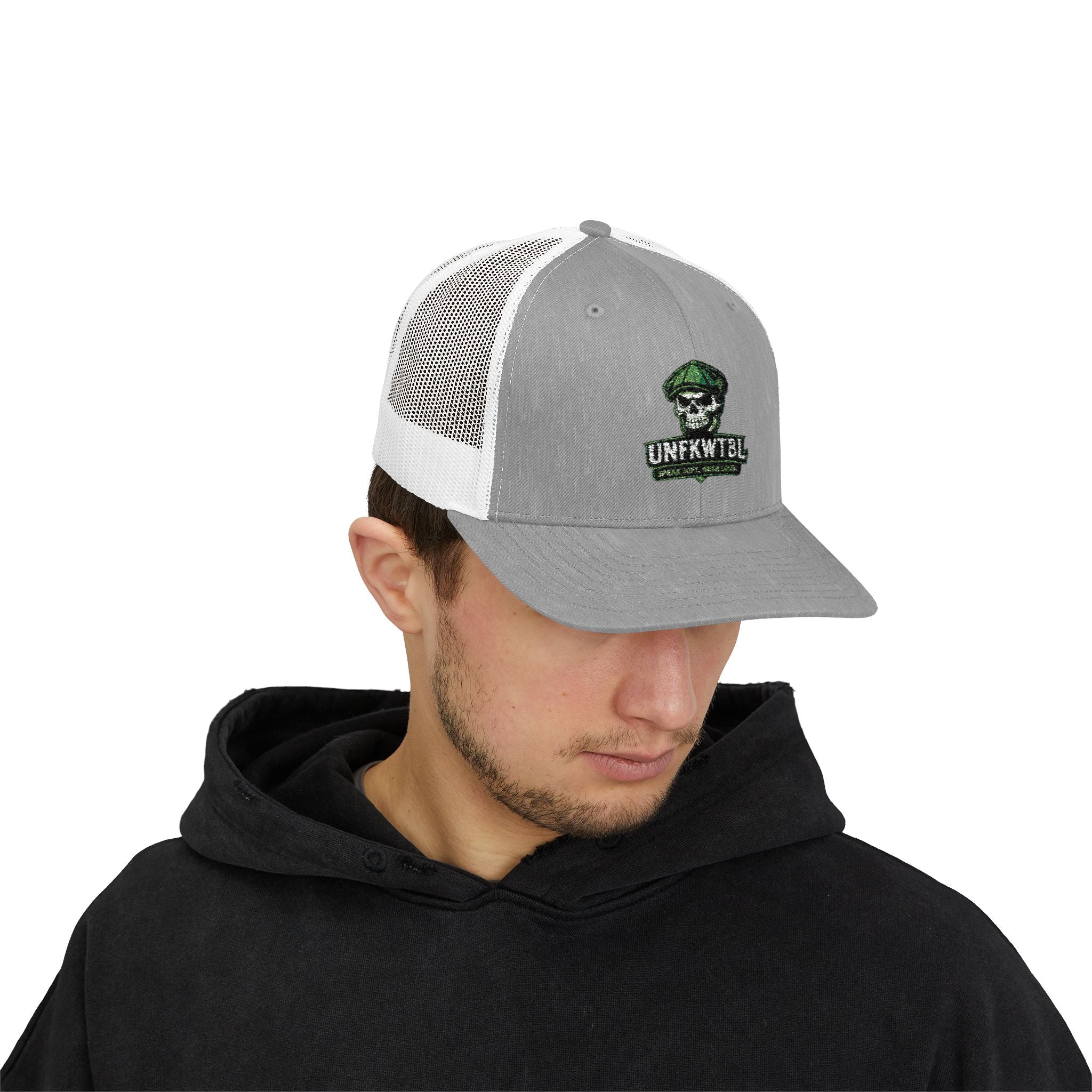 Snapback Trucker Cap — Green Camo Skull "UNFWTB1L" Embroidered Military Patch