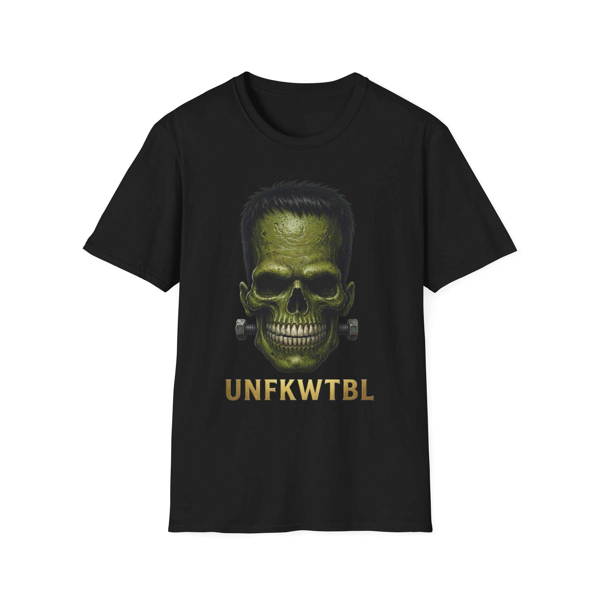 Green Frankenstein skull graphic on lightweight cotton Frankenstein Skull T-Shirt with UNFKWTBL lettering