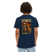 Back view of navy t-shirt with Skeleton Sunset Gangster Design featuring skeleton relaxing by sunset smoking cigarette and text "IT IS WHAT IT IS"