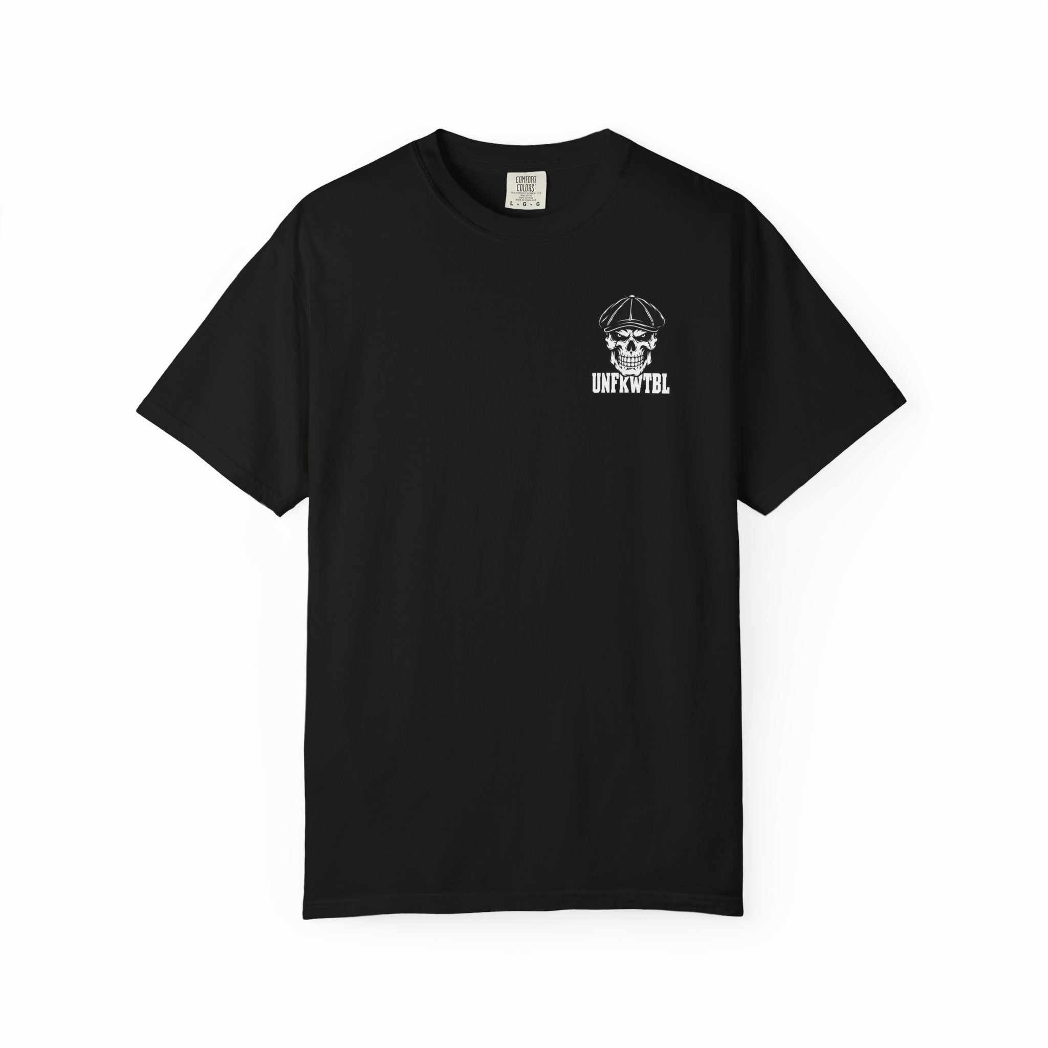Skull & Irish Cap Graphic Tee in muted garment-dyed finish with weathered skull and helmet emblem on heavyweight cotton shirt