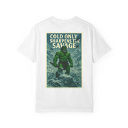 White unisex Savage Spirit graphic t-shirt with vintage style green savage character and "Cold Only Sharpens The Savage" text on back.