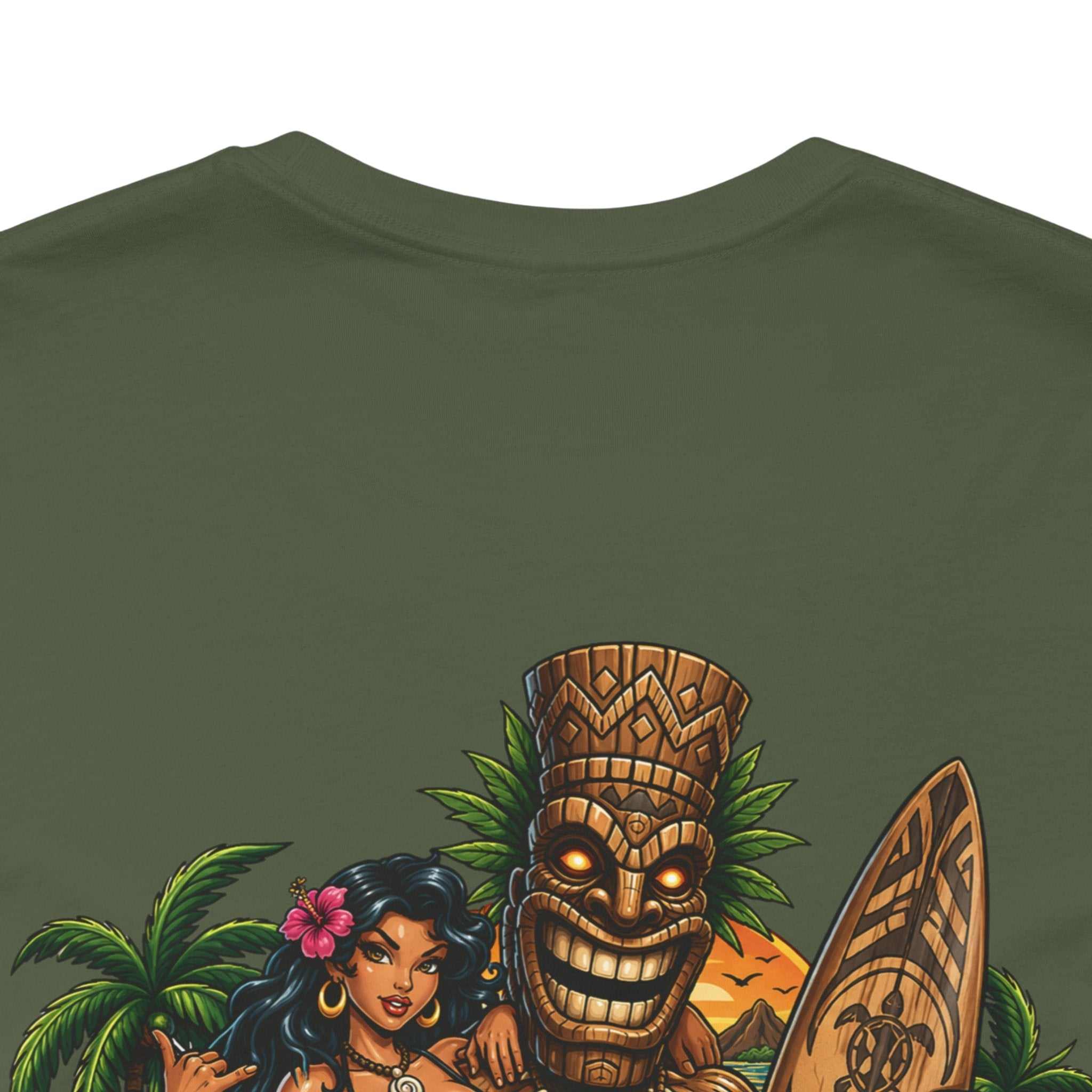 Tropical Tiki Tee with bold tiki and hibiscus design on breathable cotton shirt