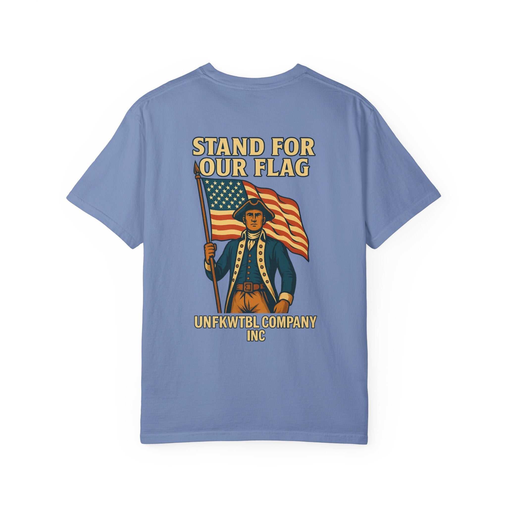 Blue vintage-inspired patriotic t-shirt with "Stand For Our Flag" graphic and Americana design.