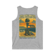 Men's Memorial Tribute Tank Top with military boots and helmet graphic honoring fallen soldiers on gray fabric