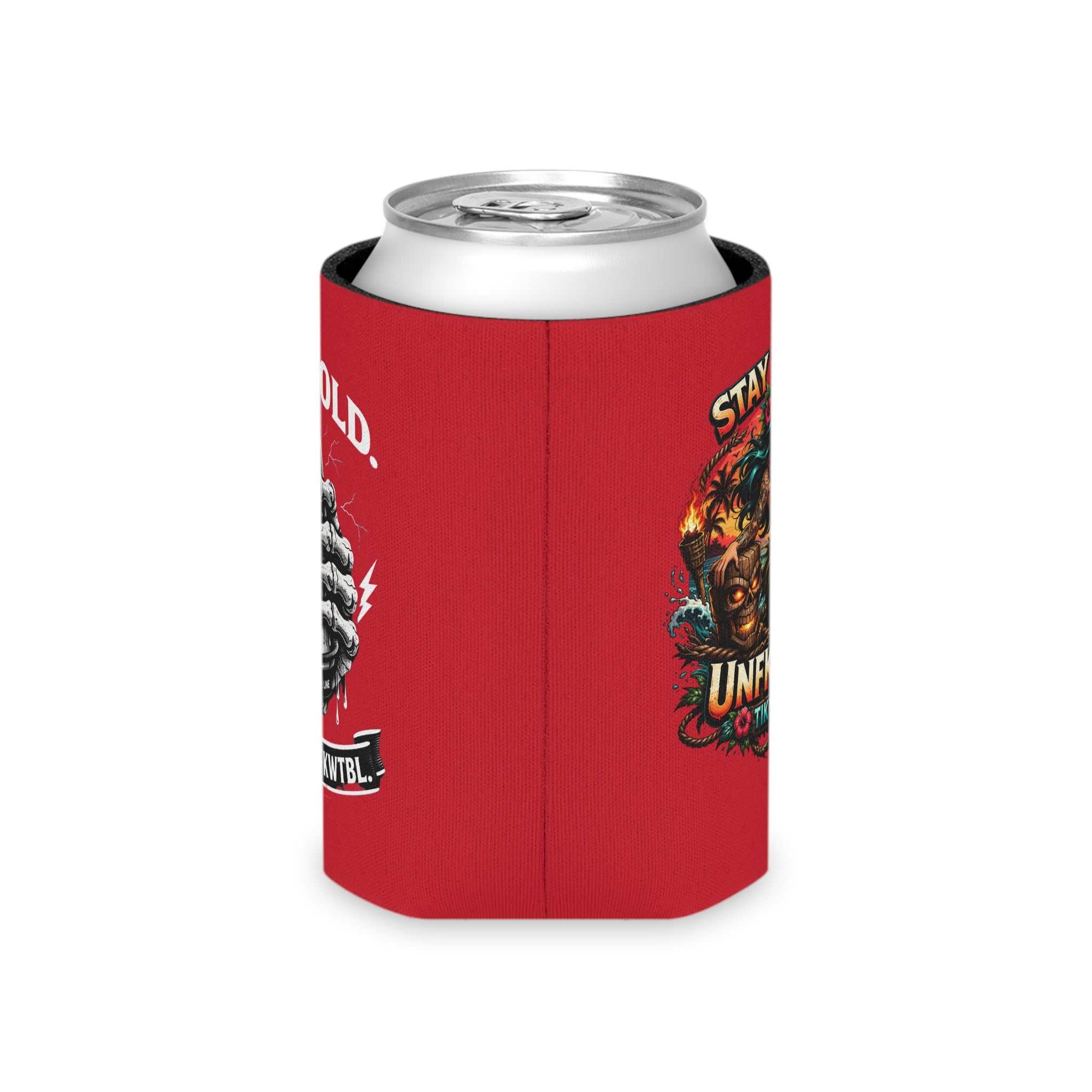 Stay Salty Tiki Can Cooler — "Stay Cold, Remain UNFKWTBL" Retro Beach Beer Koozie