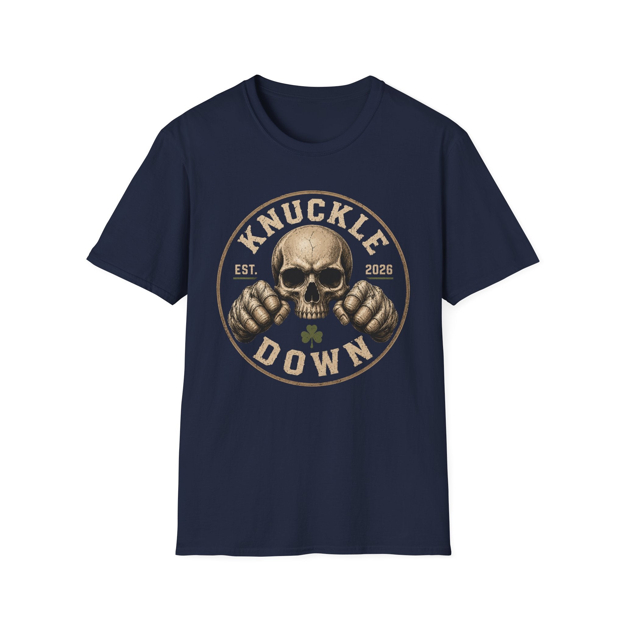 Knuckle Down Skull T-Shirt vintage design with cracked skull and clenched knuckles on soft ring-spun cotton tee
