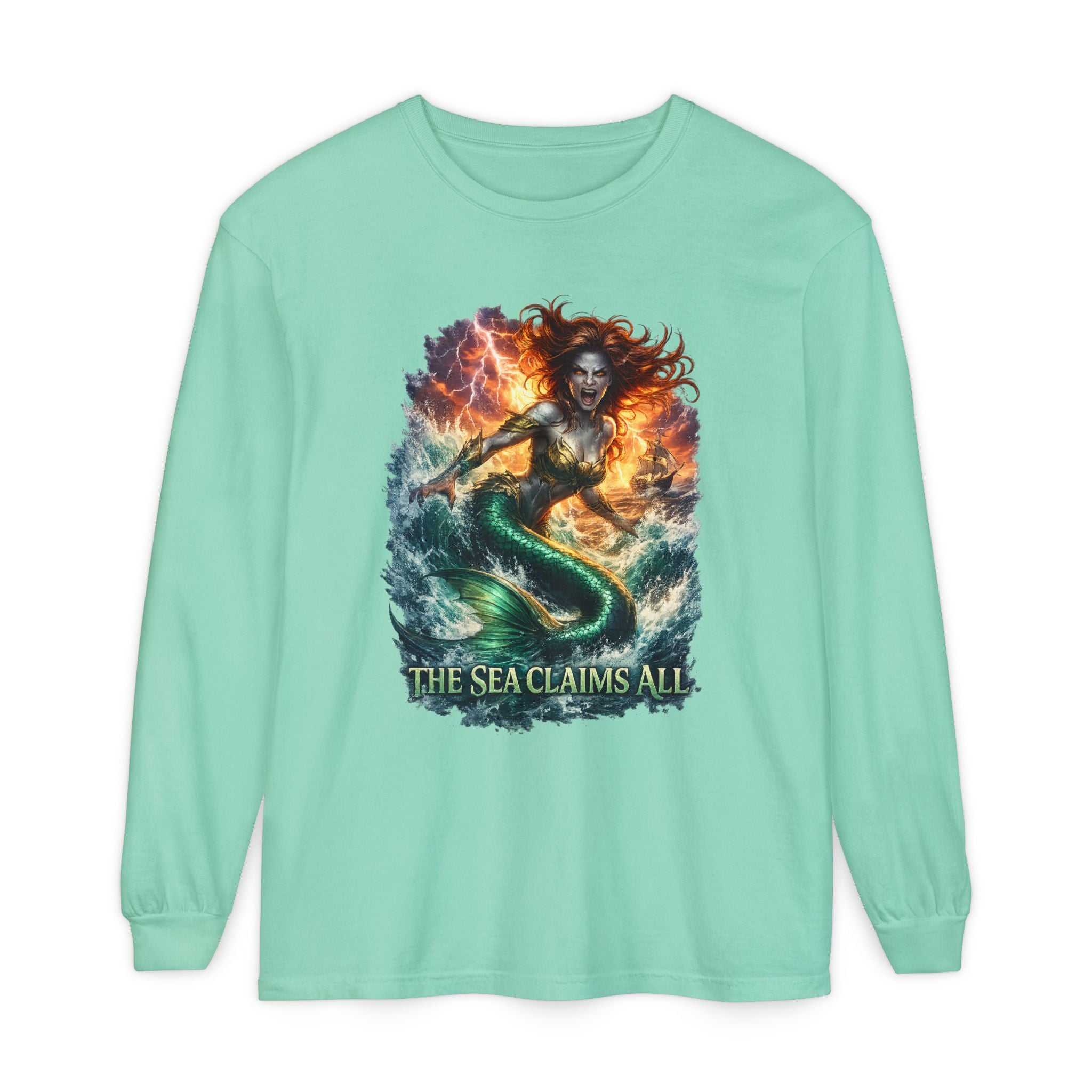 Mermaid Graphic Long Sleeve Tee — "The Sea Claims All" Nautical Fantasy Shirt