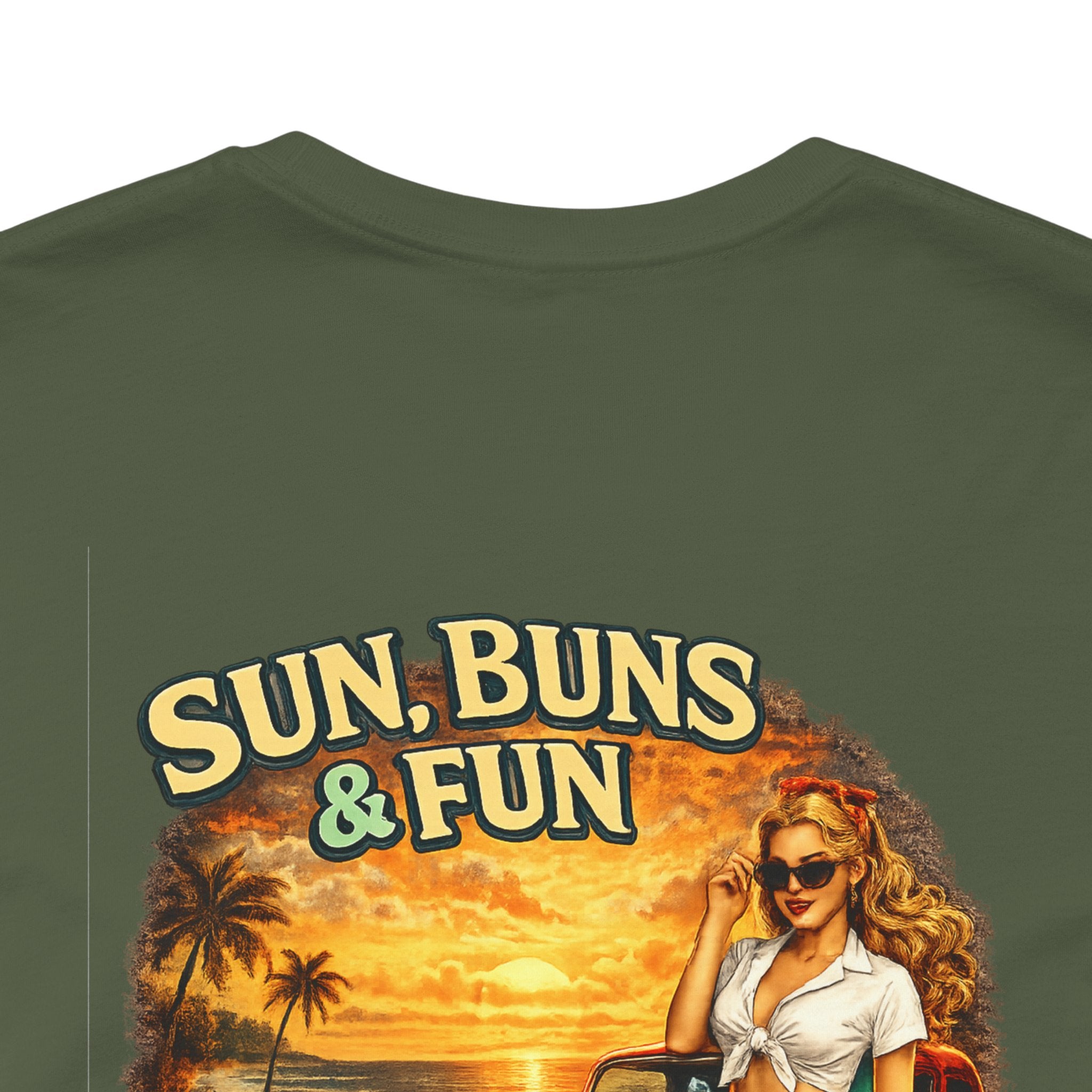 Sun, Buns & Fun Tee — Retro Pin-Up Hot Rod Beach T-Shirt