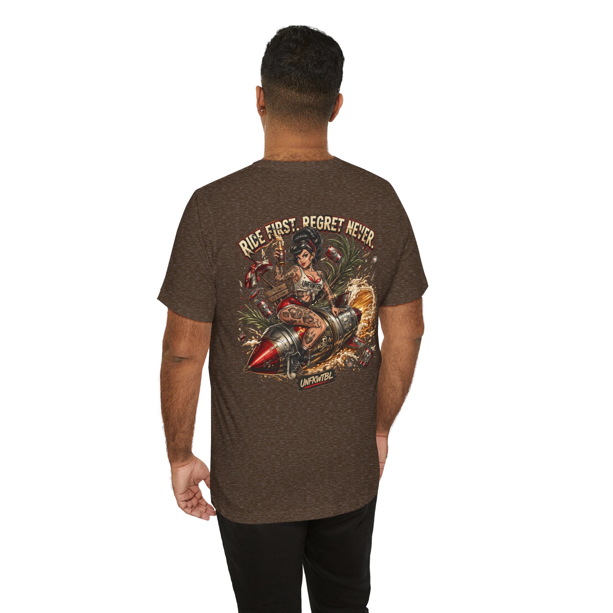 Ride First Regret Never Tee — Vintage Pinup Bomb Girl Motorcycle Graphic Shirt
