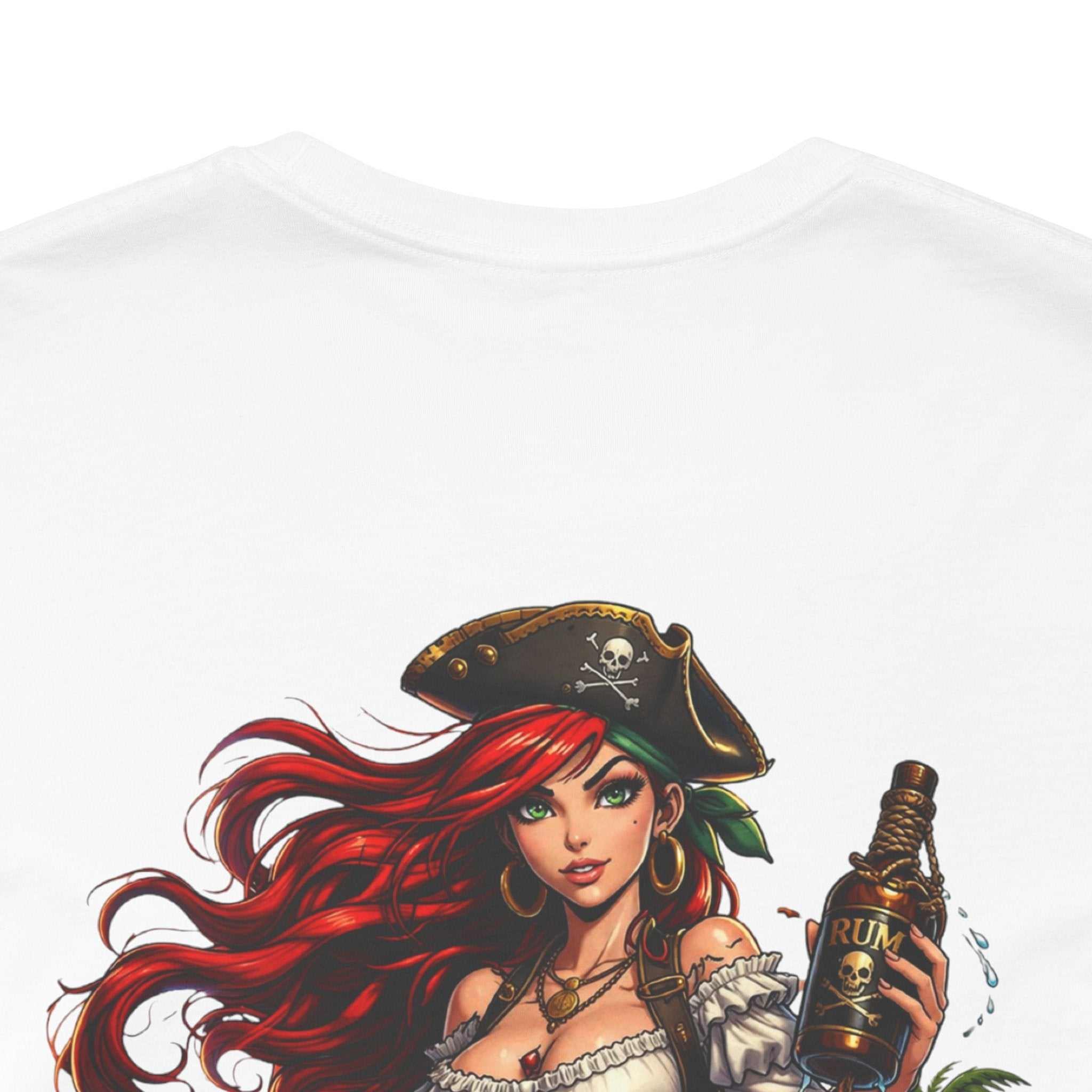 Rum Runs Deep Pirate Tee with nautical graphic and bold text on lightweight cotton shirt