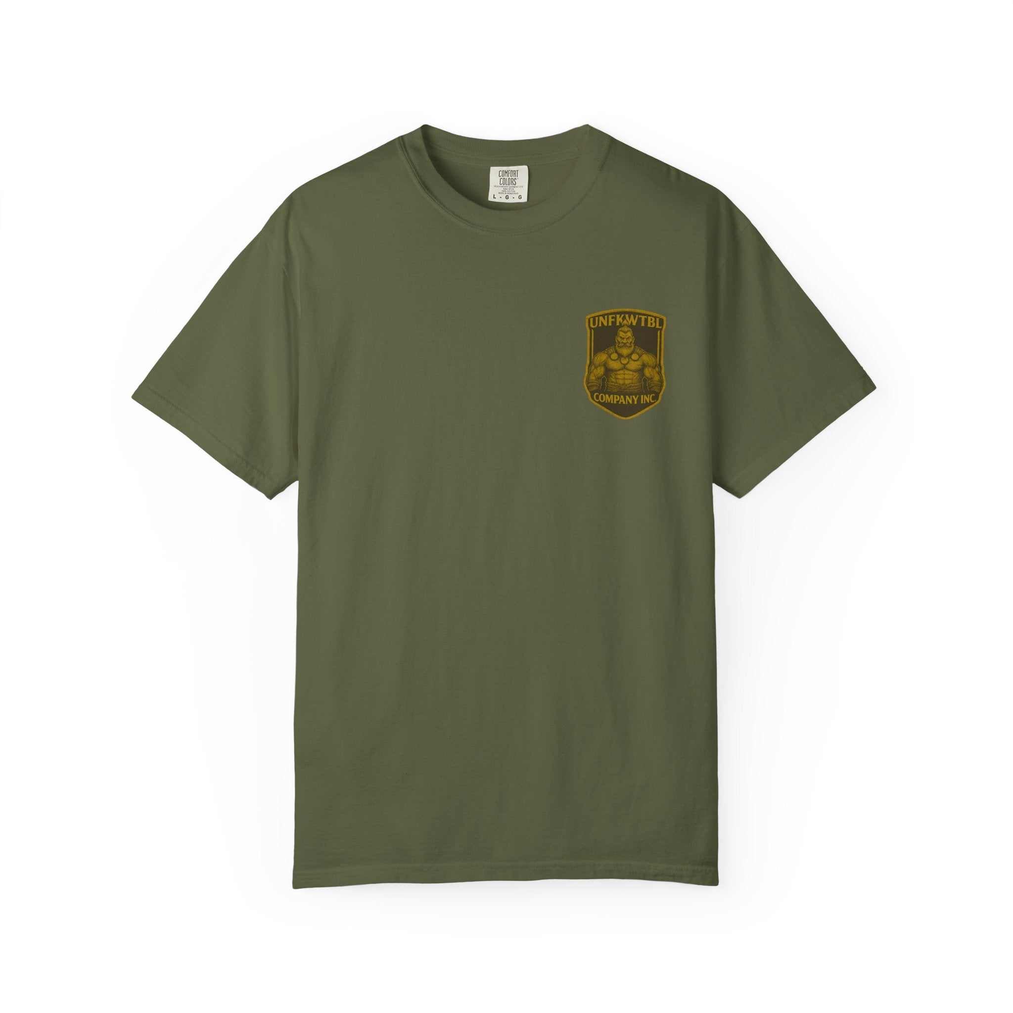 Olive green Viking Warrior Unisex Tee with gold emblem, soft garment-dyed fabric, durable double-needle stitching, 100% US cotton, unisex fit